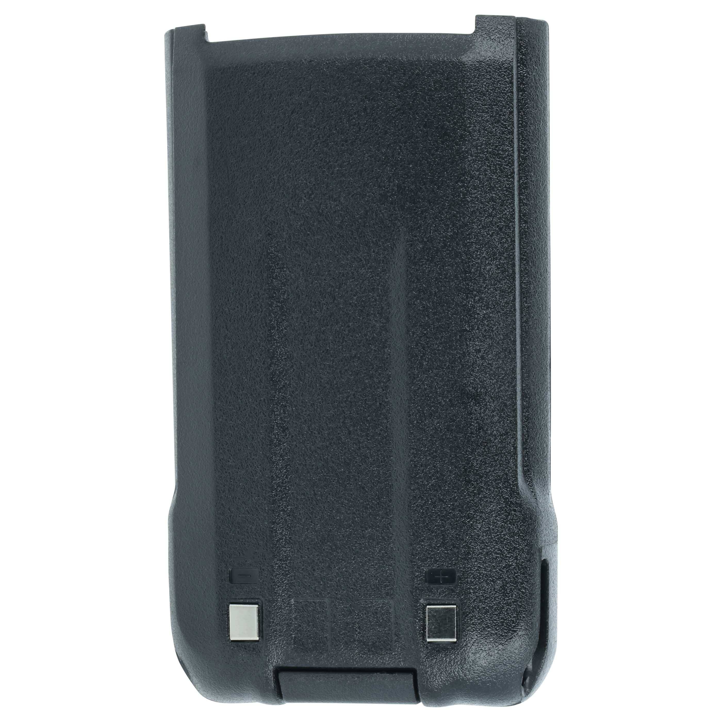 Ein schwarzes, rechteckiges Zwei-Wege-Funkgeräte-Akkupaket mit flacher Oberseite und Anschlüssen am unteren Ende.