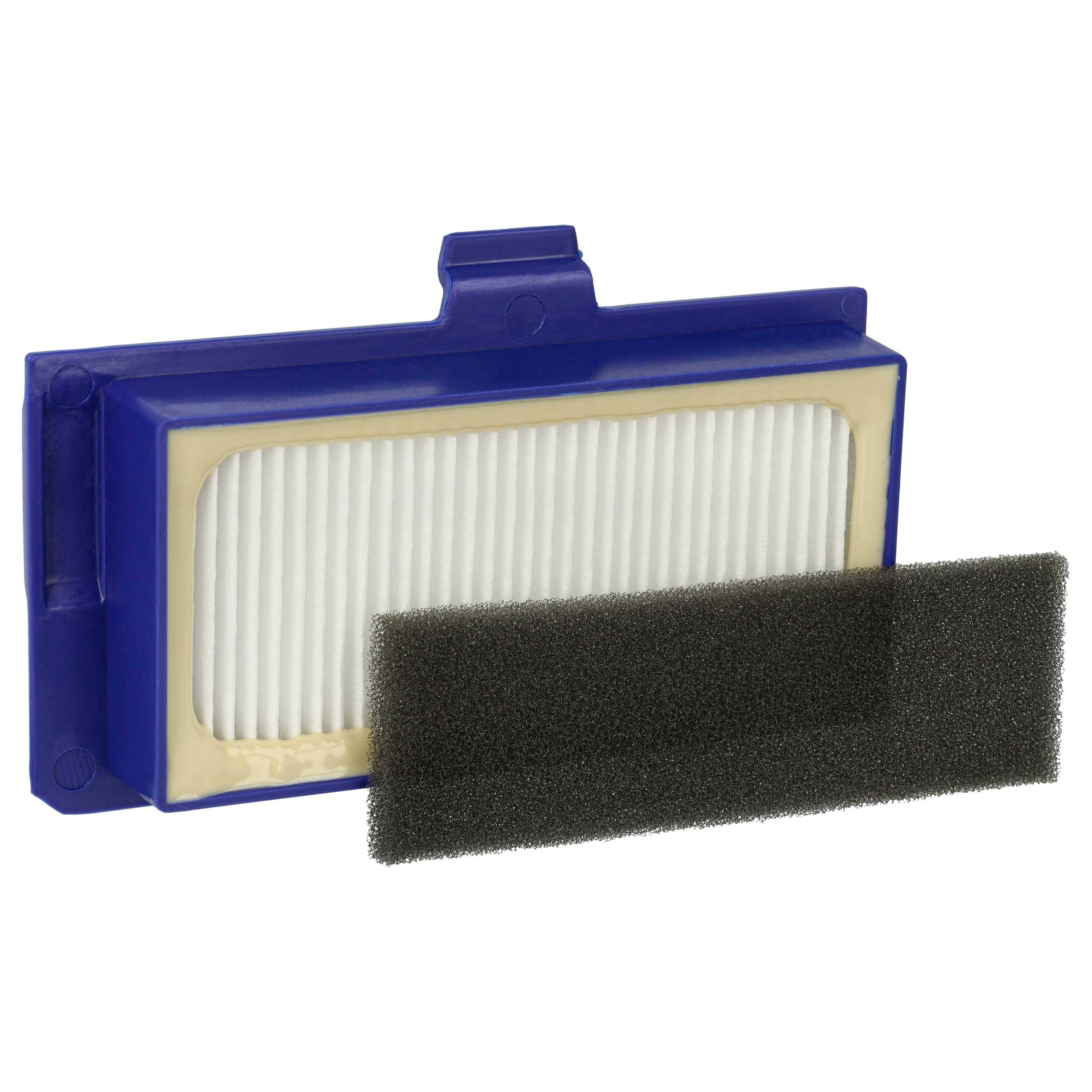 Ein blauer Staubsaugerfilter mit rechteckigem weiß gefälteltem Inneren und einem separaten schwarzen Schaumstoffüberzug, der davor angebracht ist.