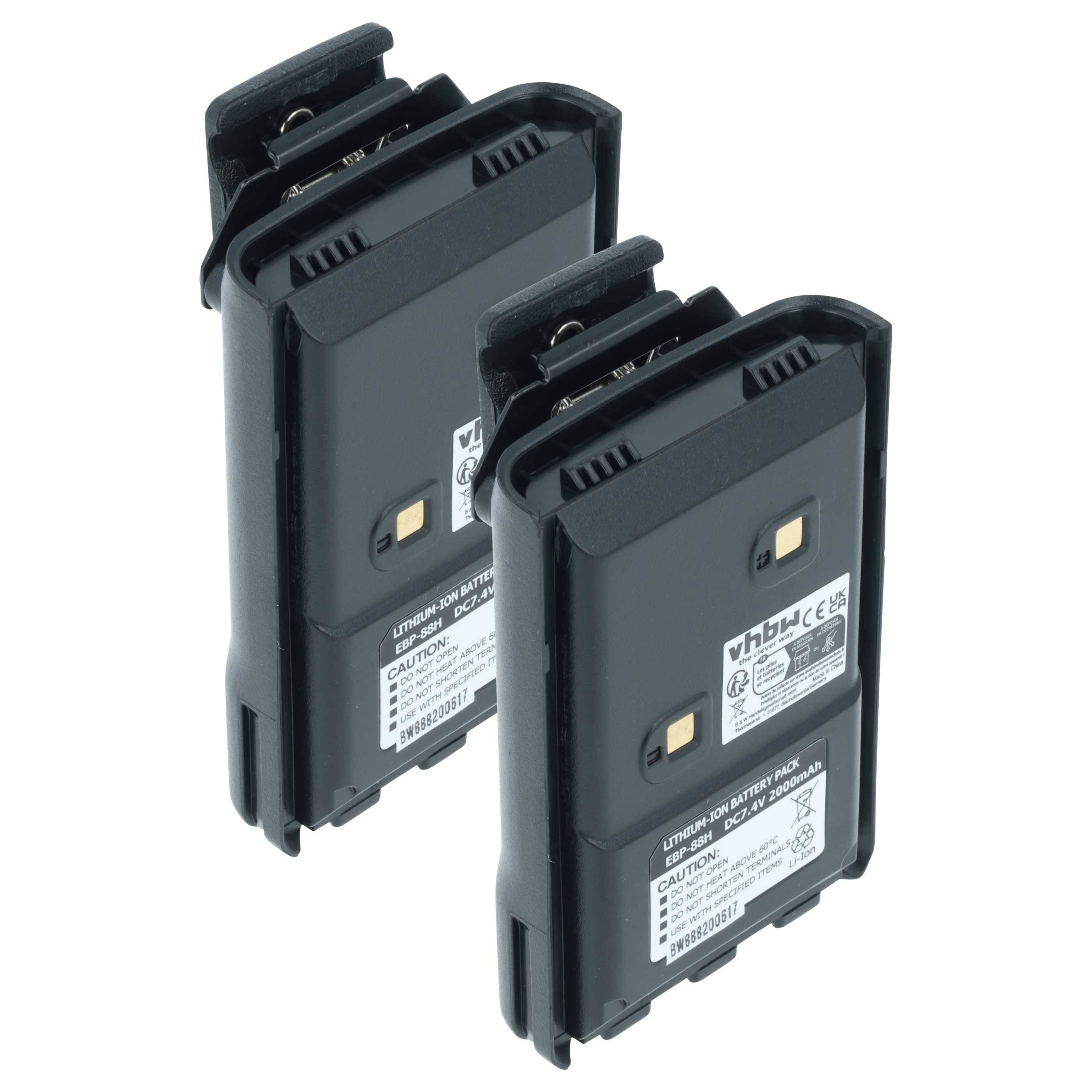 Zwei schwarze Lithium-Ionen-Akkupacks mit Etiketten, die Spannungs- und Kapazitätsspezifikationen anzeigen.