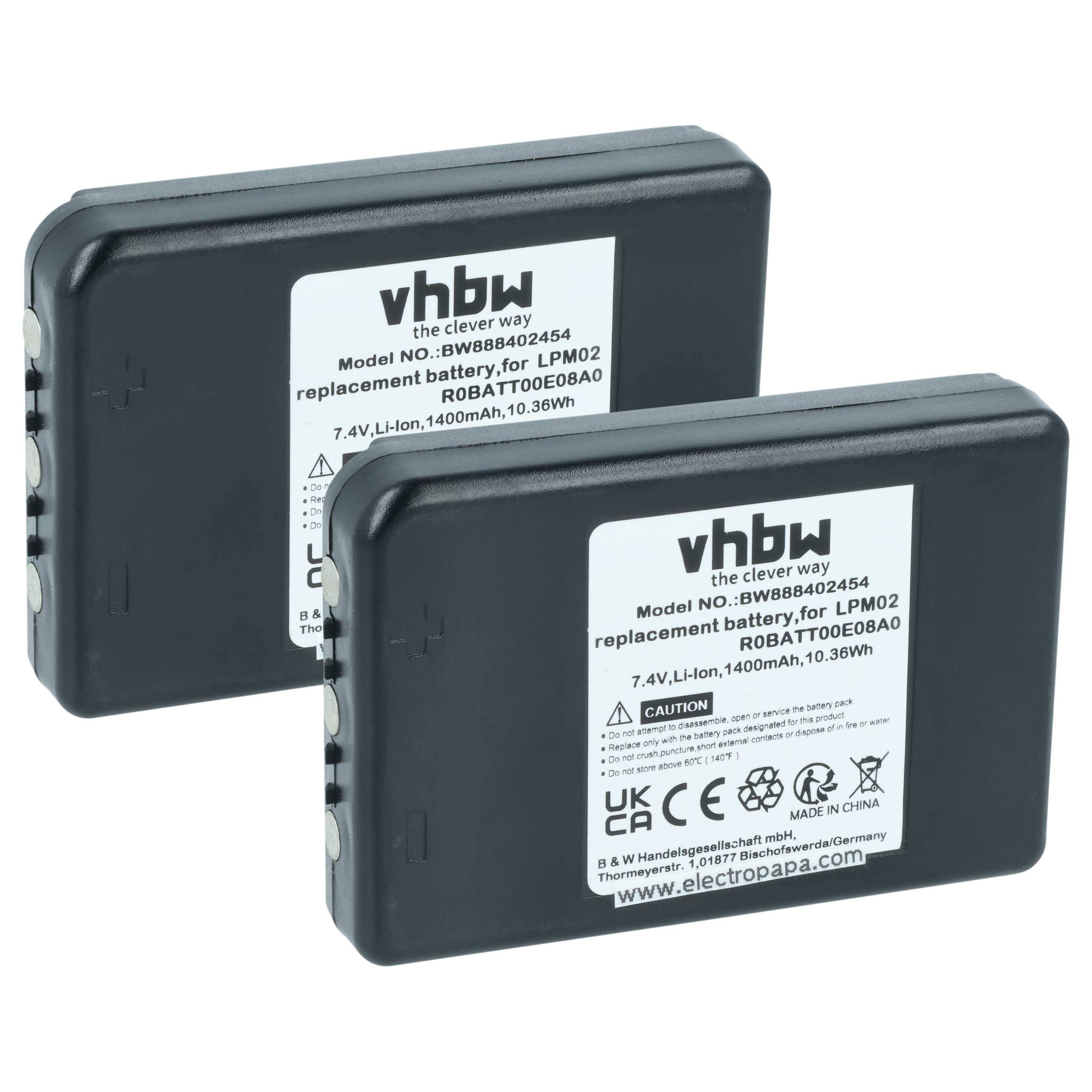 Zwei schwarze Lithium-Ionen-Akkus mit der Bezeichnung „vhbw Ersatzakku für LPM02