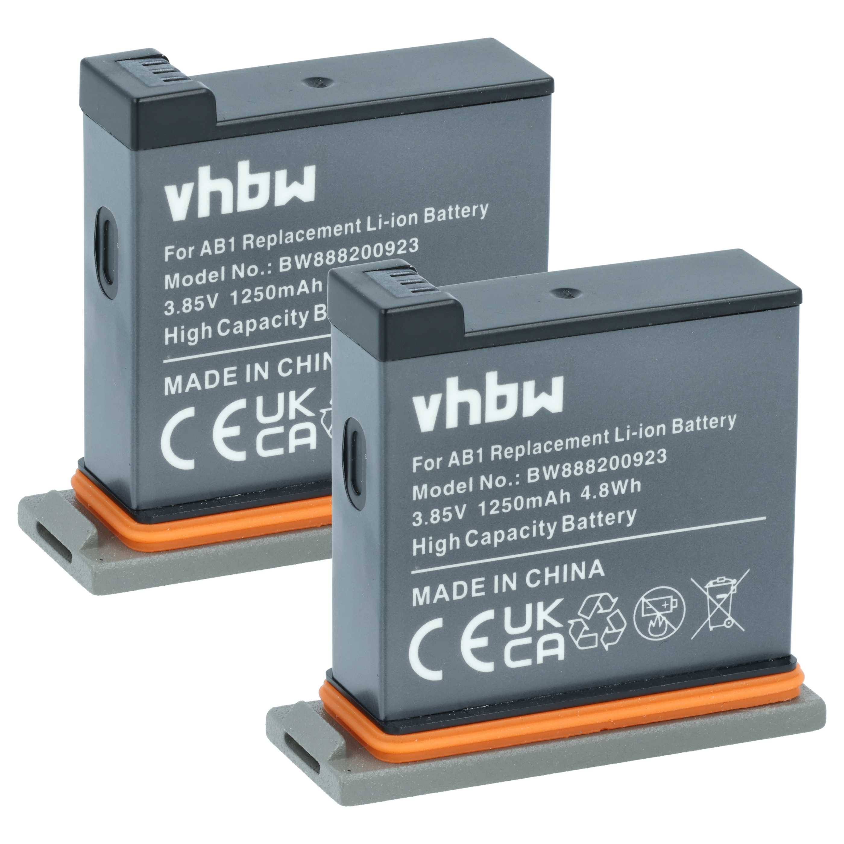 Zwei vhbw Lithium-Ionen-Ersatzbatterien für AB1 Modell, 3,85V, 1250mAh. Jede hat eine graue Basis, Modellnummer und ein 'Made in China'-Etikett.