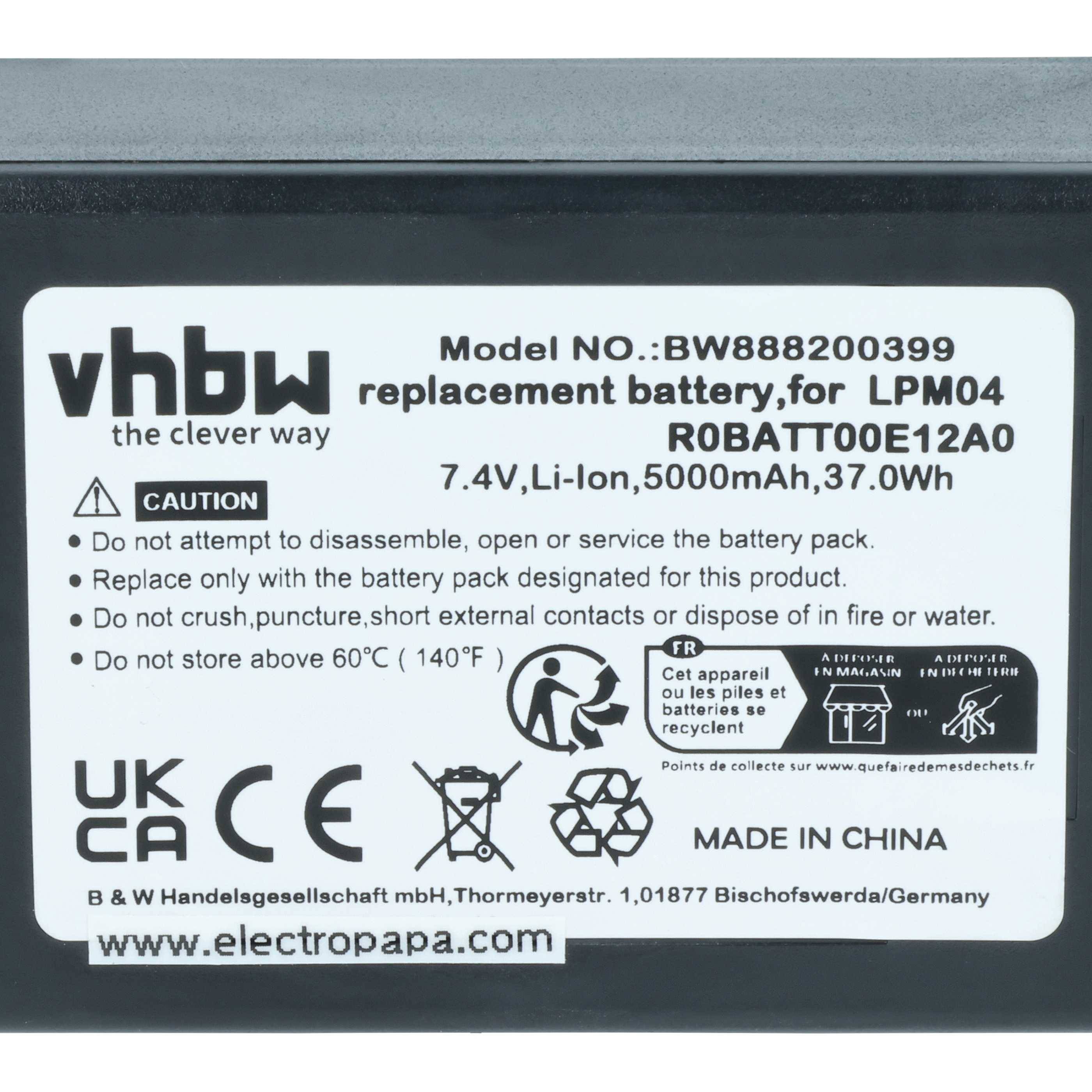 VHBW Ersatzbatterie für LPM04. Modell: BW888200399. 7,4V, Li-Ion, 5000mAh, 37,0Wh. Enthält Warnsymbole und Gebrauchshinweise.