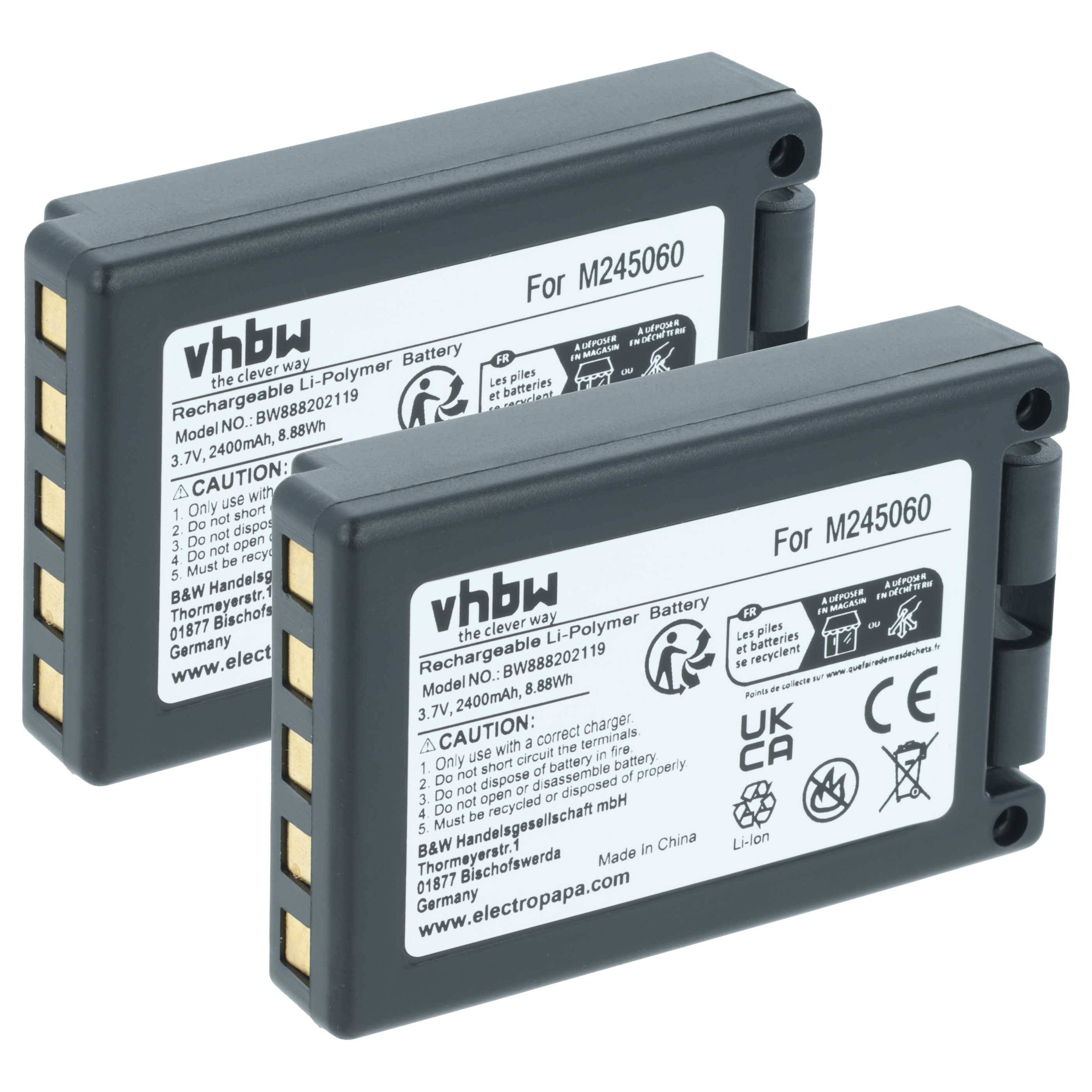 Zwei wiederaufladbare Lithium-Ionen-Polymer-Batterien, Modell M245060, 7,2V, 2400mAh, von vhbw, mit Vorsichtssymbolen und Zertifizierungszeichen.