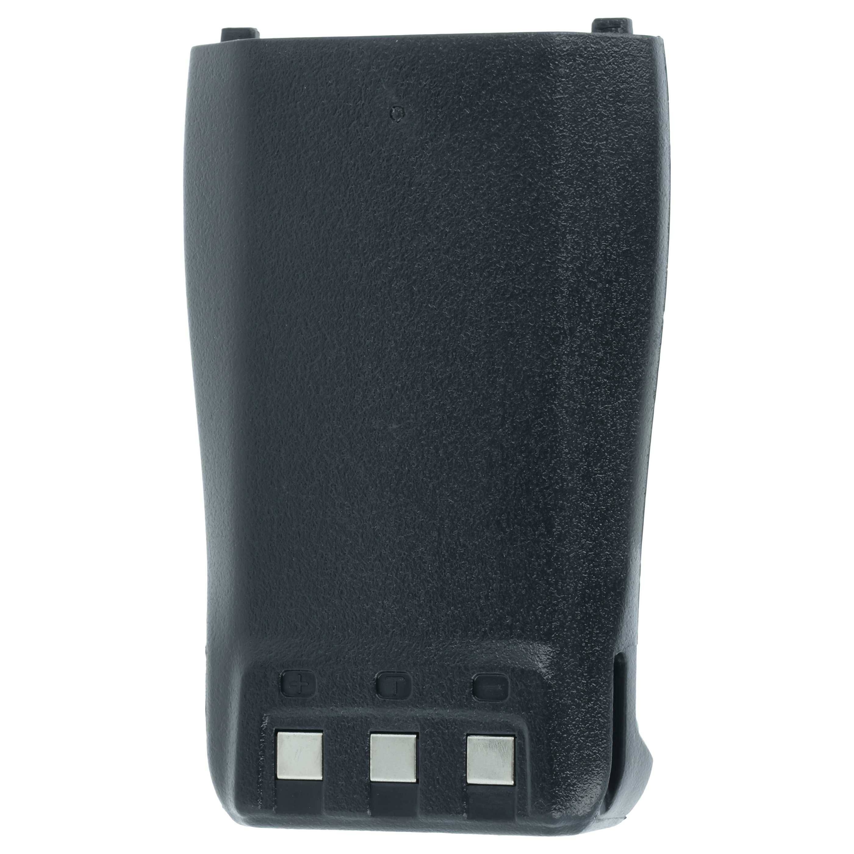 Eine Nahaufnahme eines schwarzen rechteckigen Akkupacks mit drei Metallkontaktpunkten an der unteren Kante, verwendet für die Stromversorgung eines Geräts.