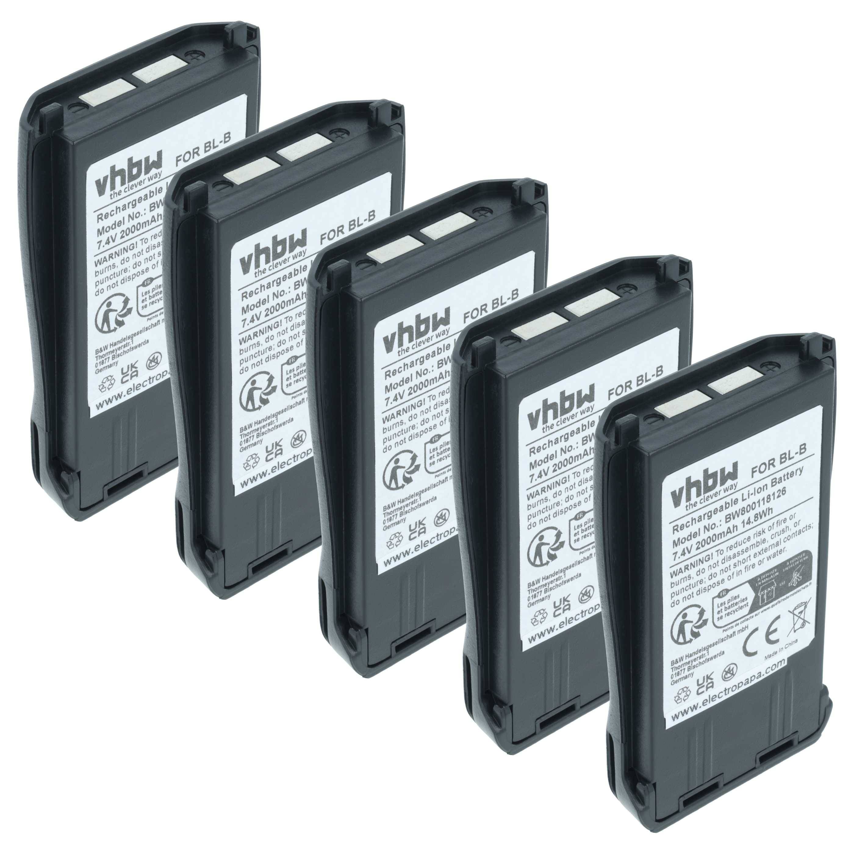 Fünf schwarze wiederaufladbare Batteriepacks mit der Bezeichnung „vhbw FOR BL-5
