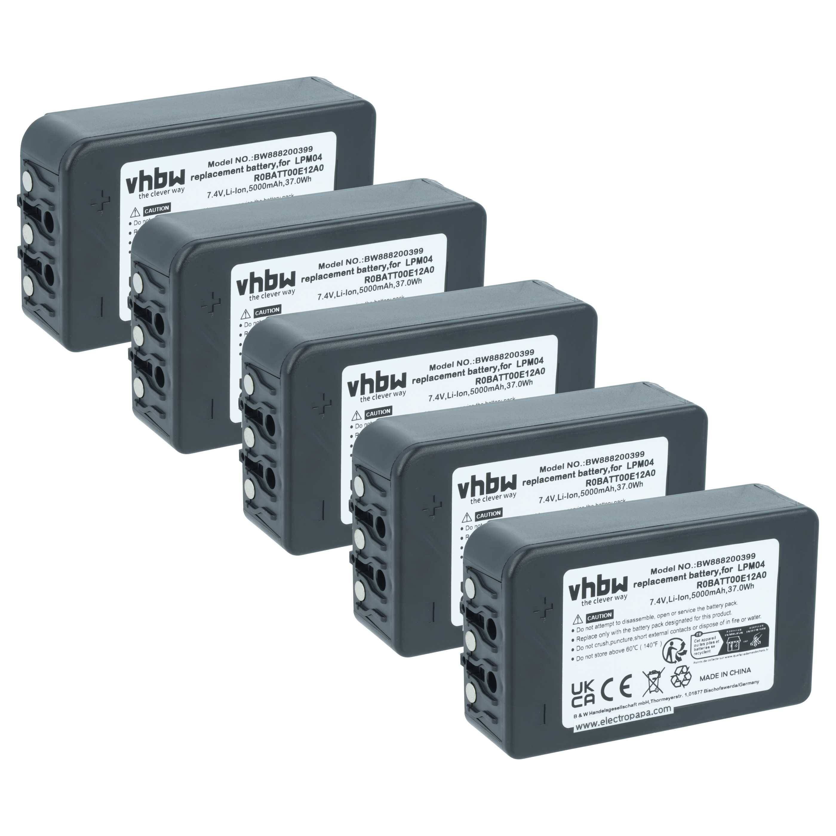 Fünf schwarze wiederaufladbare Batteriepacks mit sichtbaren Etiketten, die Details wie Typ, Modell, Spannung und Zertifizierungen angeben, in einer Reihe angeordnet.