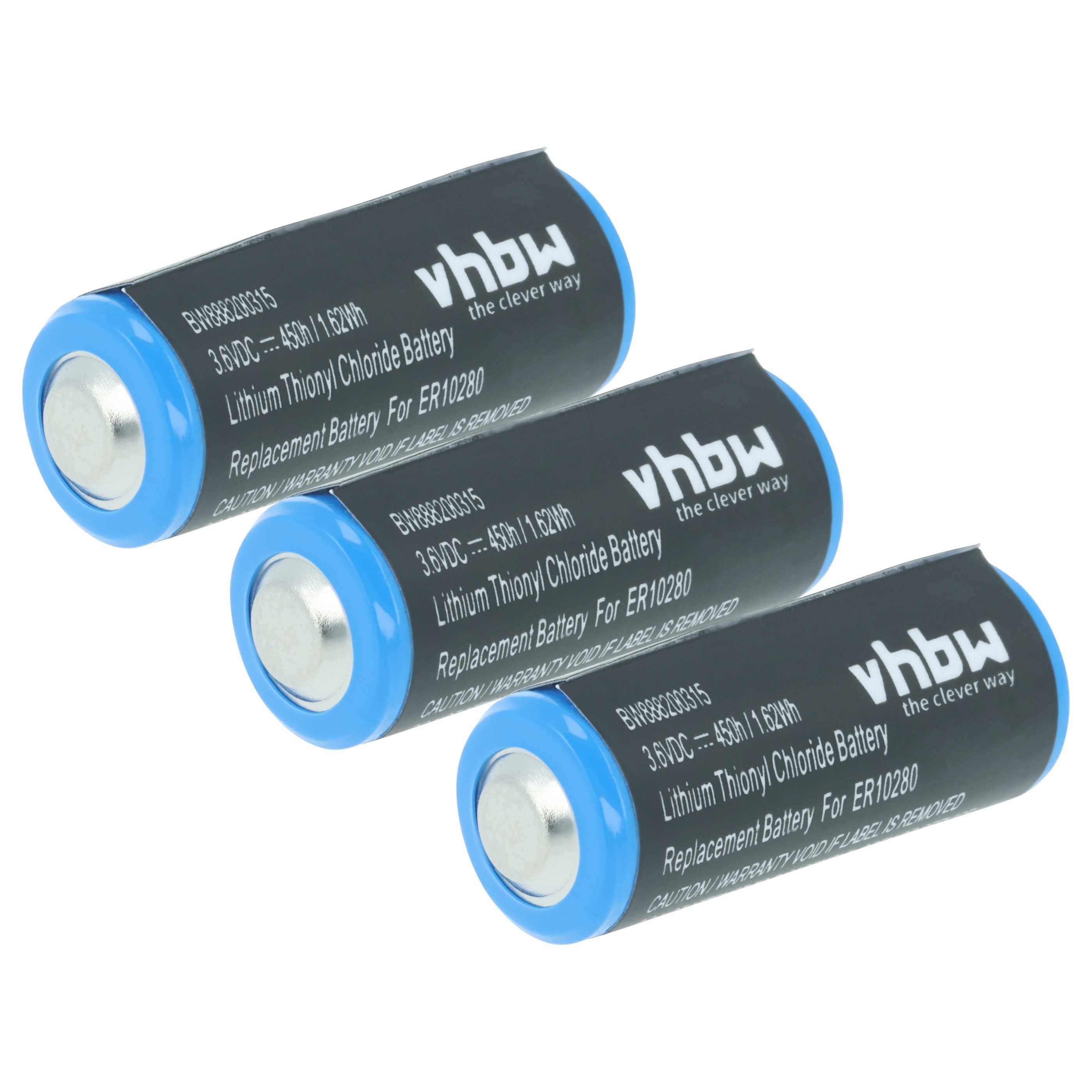 Drei vhbw-Markenbatterien aus Lithium-Thionylchlorid, gekennzeichnet mit „Ersatzbatterie für ER10280