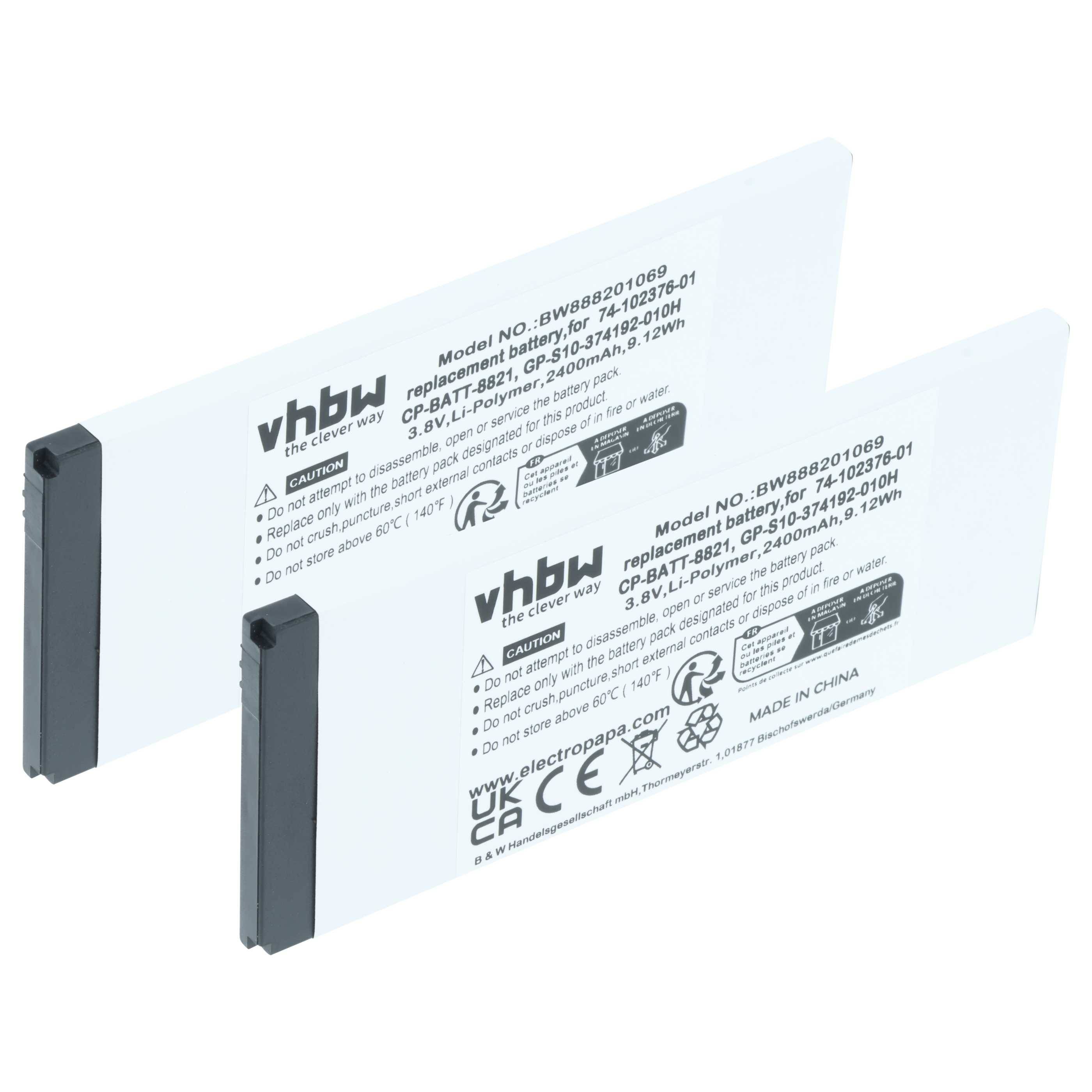 Zwei weiße Ersatzbatterien mit der Bezeichnung „vhbw