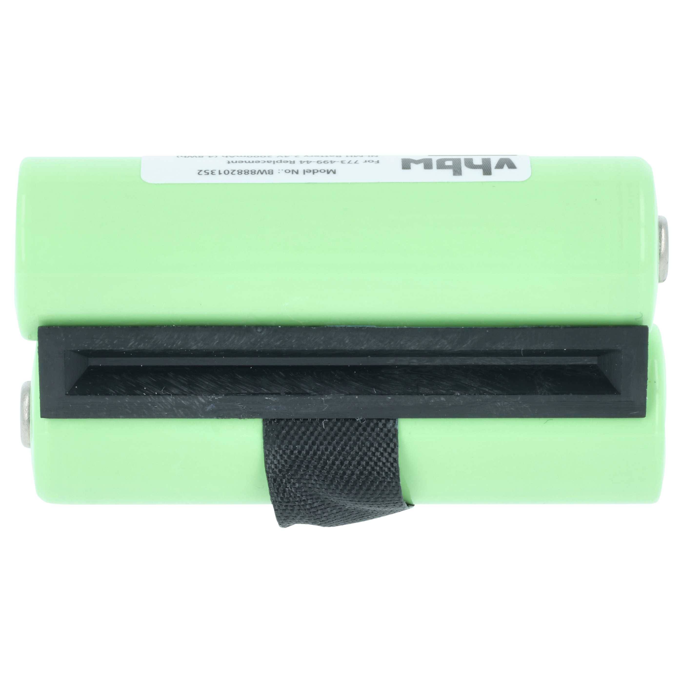 Zwei grüne zylindrische Batterien mit einem schwarzen Verbindungsriemen an der Seite, horizontal angebracht, wobei die Batteriepole hervorgehoben werden.