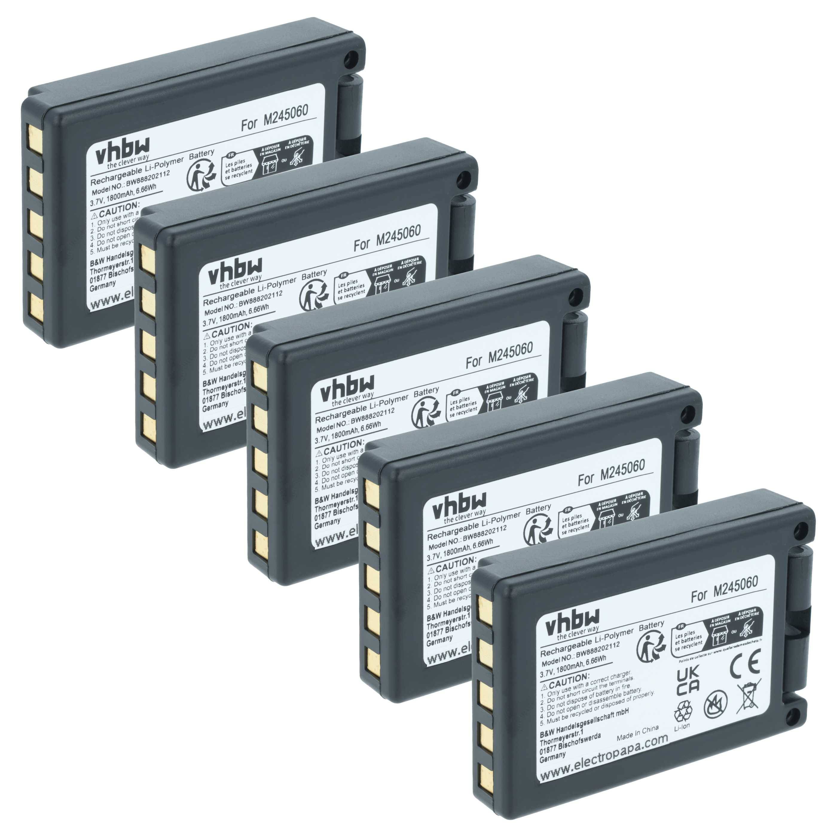 Fünf Batterien mit vhbw-Marke mit der Bezeichnung „Für MZ45060