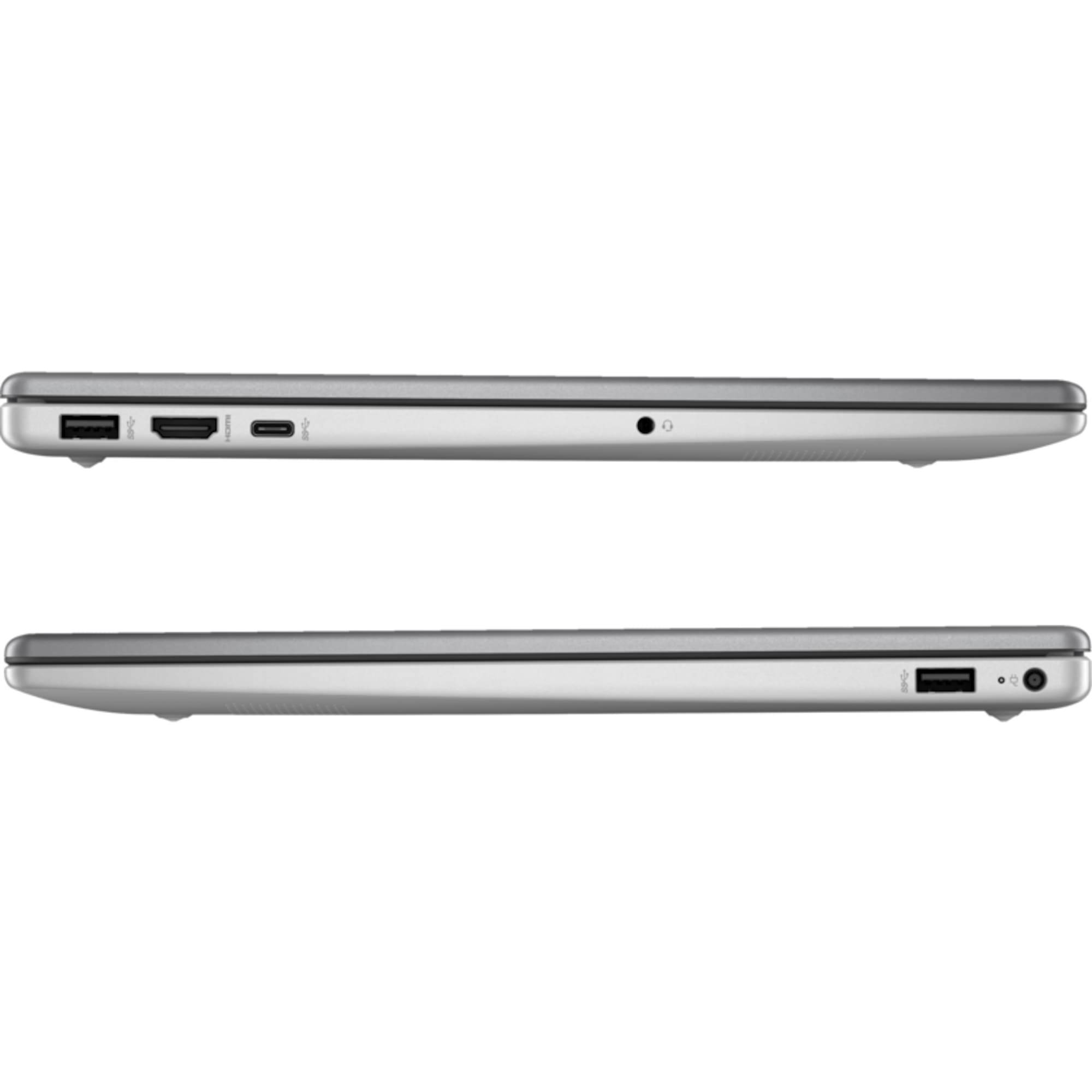 Zwei Silber-Laptop-Seitenansichten zeigen Anschlüsse: HDMI, USB-C, USB oben und Kopfhörerbuchse, USB unten.