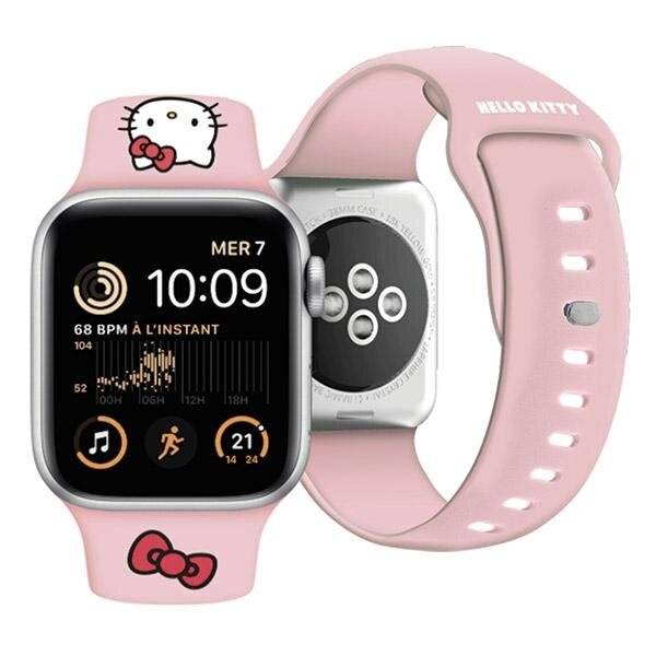 Smartwatch mit Hello-Kitty-Design, das Datum, Uhrzeit, Herzfrequenz, Musik und Trainings-Symbole auf dem Display anzeigt. Rosa Armband mit Hello-Kitty-Design.