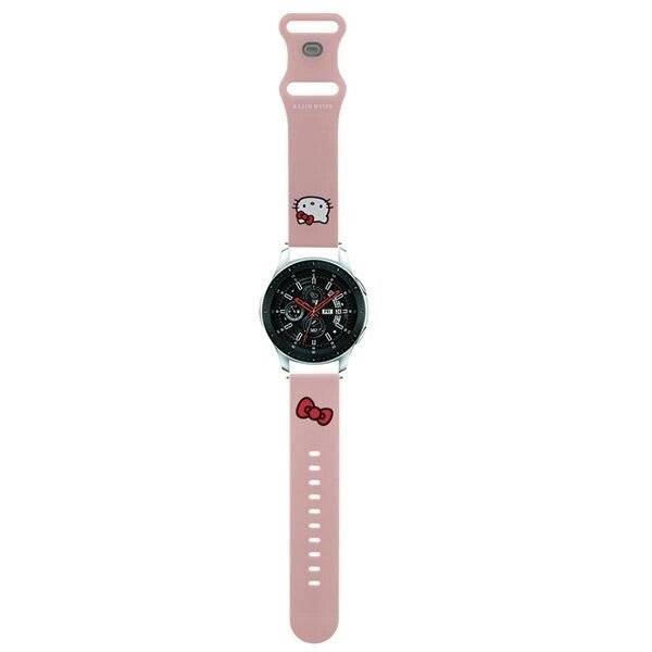 Eine Smartwatch mit rundem Zifferblatt, die Uhrzeit und Datum anzeigt, mit einem rosa Armband mit Hello-Kitty-Designs.