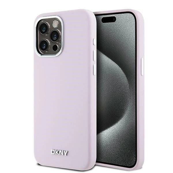 Ein Smartphone mit einer lavendelfarbenen Schutzhülle, die das Logo „DKNY