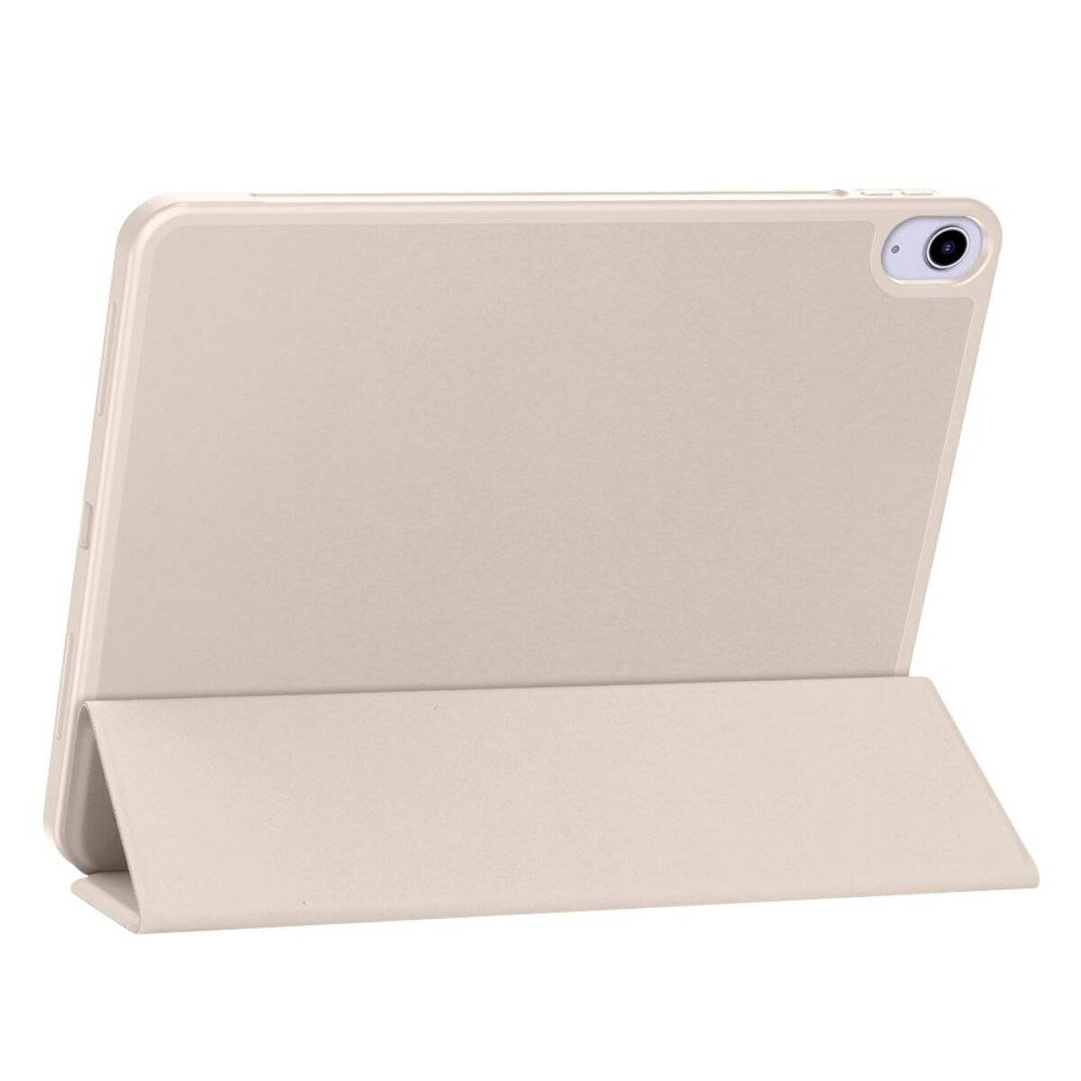 Ein beigefarbenes Tablet-Etui in Ständerposition, die Rückseite und die Kameraaussparung zeigend, vor weißem Hintergrund.