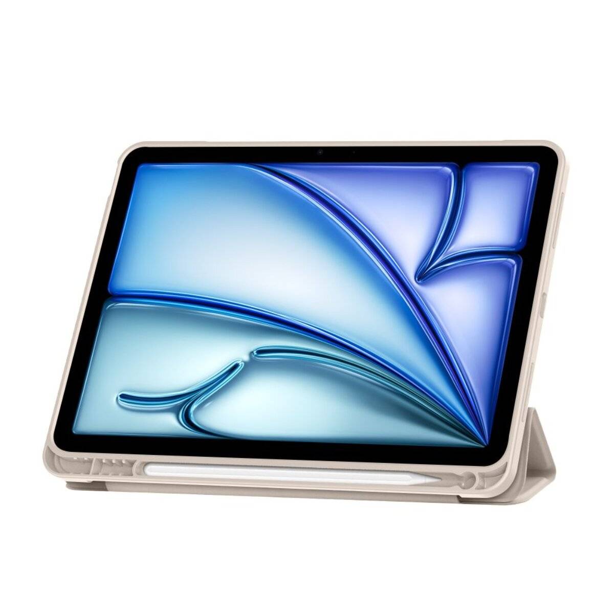 Ein Tablet mit schlankem, dünnem Design, das auf einem Ständer angezeigt wird. Der Bildschirm zeigt ein blaues abstraktes Kunstmuster und hebt die Displayqualität des Tablets hervor.