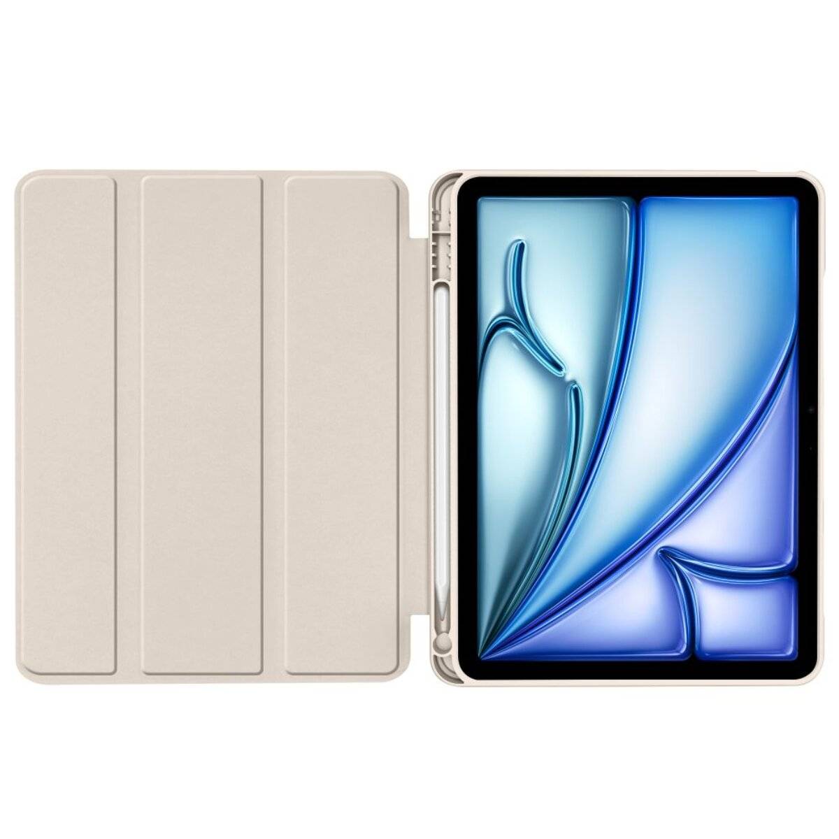 Ein Tablet mit einem angehängten Stift, auf dem ein abstraktes blaues Design angezeigt wird, mit nach links geöffneter Schutzfolie.