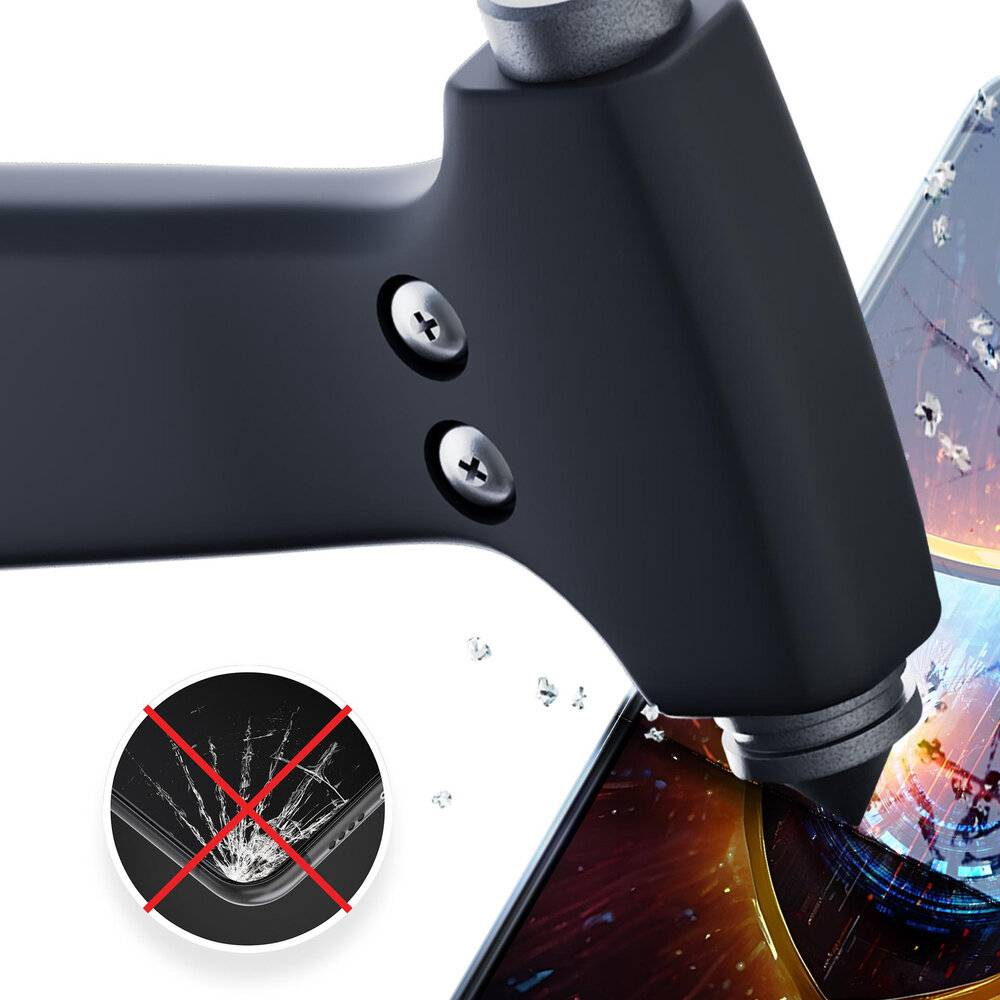 Nahaufnahme eines Metallwerkzeugs, das Druck auf einen Smartphone-Bildschirm ausübt, mit einem Riss und einem Symbol, das Kratzer- oder Schadensschutz anzeigt.