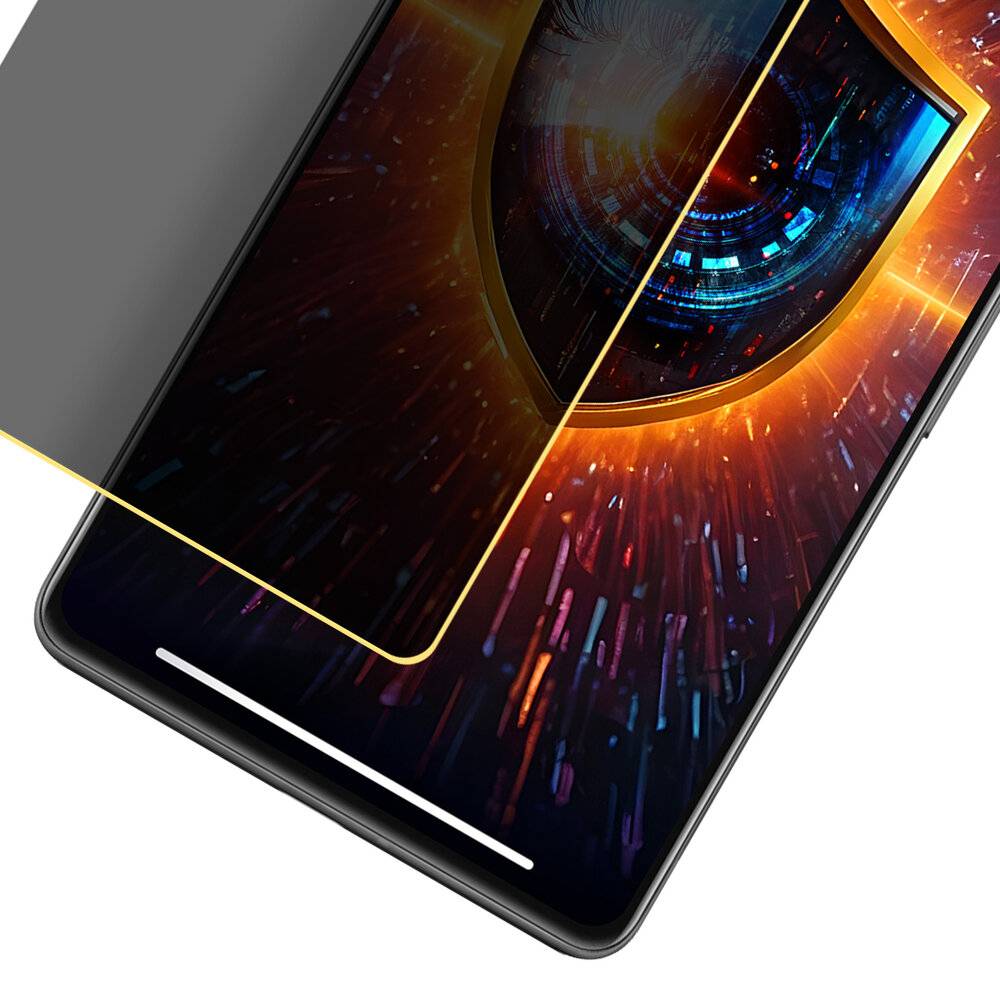 Ein Smartphone zeigt eine futuristische Augengrafik auf seinem Bildschirm, die Technologie symbolisiert. Eine Schutzbildschirmabdeckung ist teilweise geöffnet.