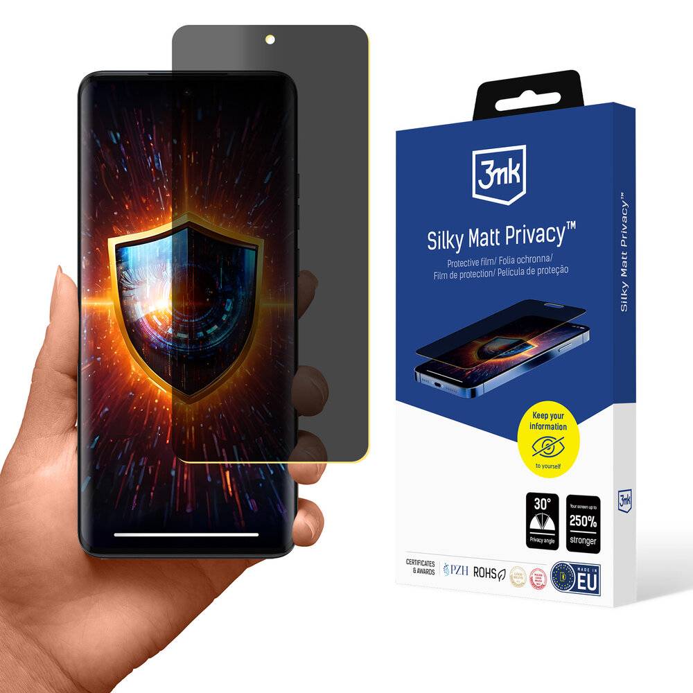 Eine Hand hält ein Smartphone mit einem leuchtenden Schild auf dem Bildschirm. Eine Displayschutz-Verpackung auf der Seite trägt die Aufschrift „3mk Silky Matt Privacy