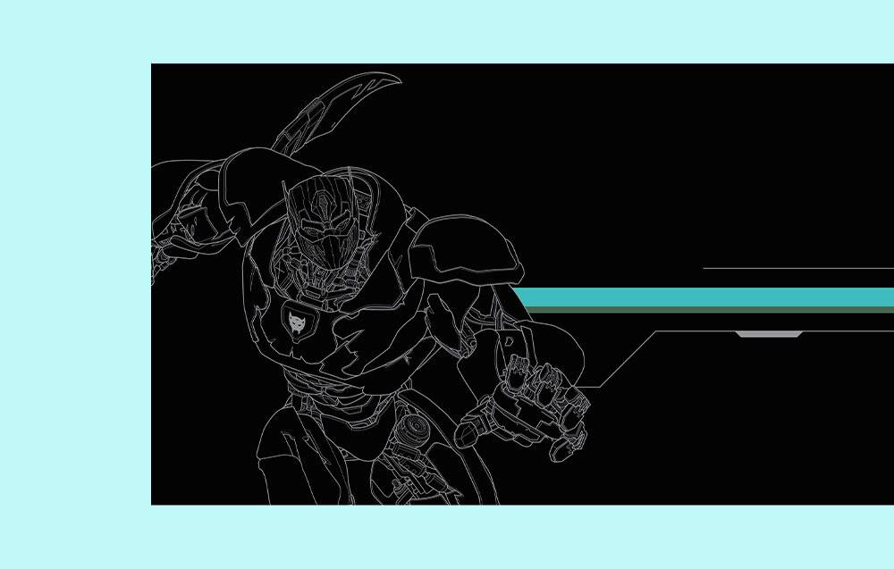 Eine skizzierte Kontur eines futuristischen Roboters in einer Aktionspose vor schwarzem Hintergrund, hervorgehoben durch eine cyan farbige horizontale Linie.