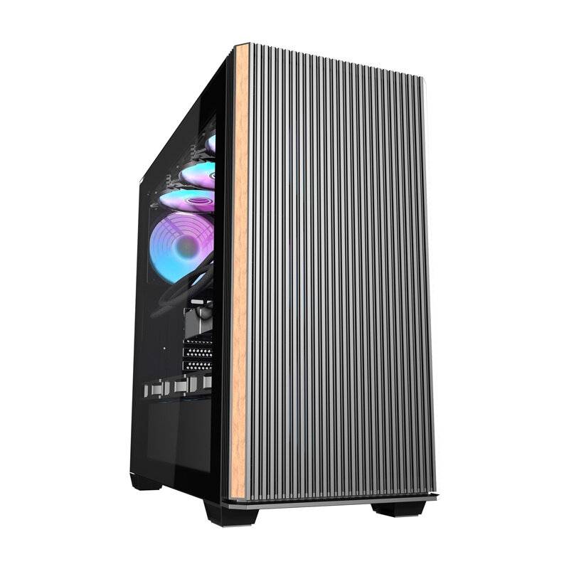Ein eleganter Desktop-Computer-Tower mit gestreiftem Metalldesign, Seitenglasfenster mit RGB-beleuchteten Komponenten.