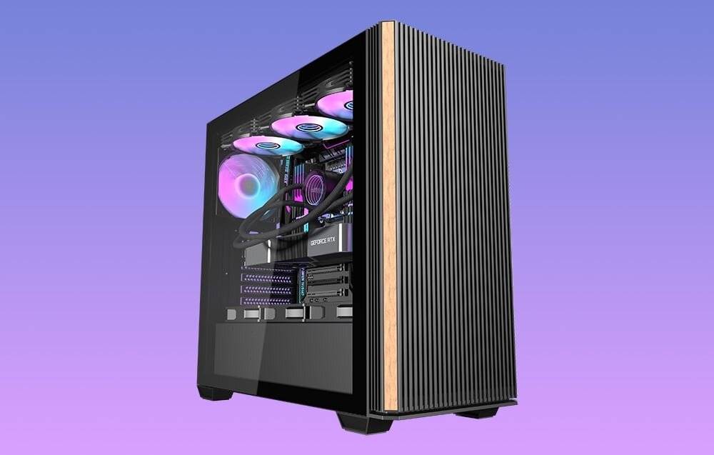 Ein schwarzer Computer-Turm mit einem Seitenpanel aus Glas, das die farbenfrohe interne LED-Beleuchtung, Kühlungslüfter und eine 