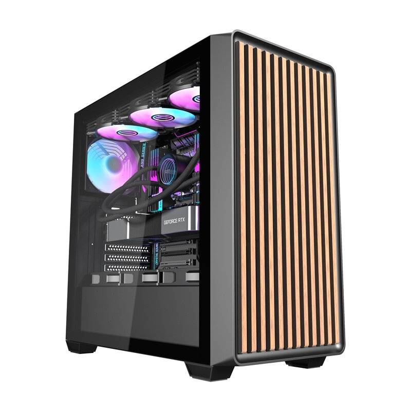Ein eleganter Desktop-Computer mit RGB-beleuchteter Innenseite, sichtbar durch ein Glasseitenpaneel. Er verfügt über eine Holzoberfläche auf dem Frontpaneel.