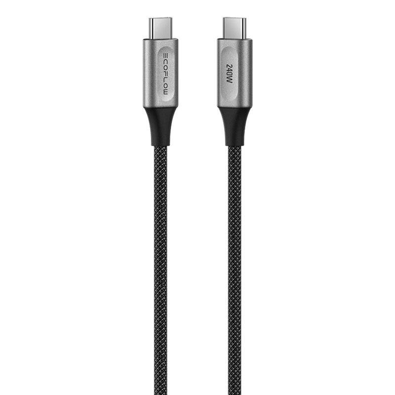 Ein geflochtenes USB-C-Kabel mit metallischen Anschlüssen, auf denen „EcoFlow