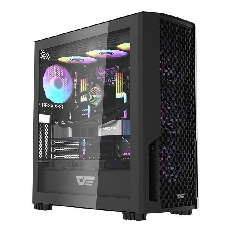 Schwarzer Gaming-PC mit Seitenscheibe aus Glas, die farbenfrohe LED-Lüfter und eine GeForce RTX-Grafikkarte zeigt. Modernes Design mit Mesh-Front.