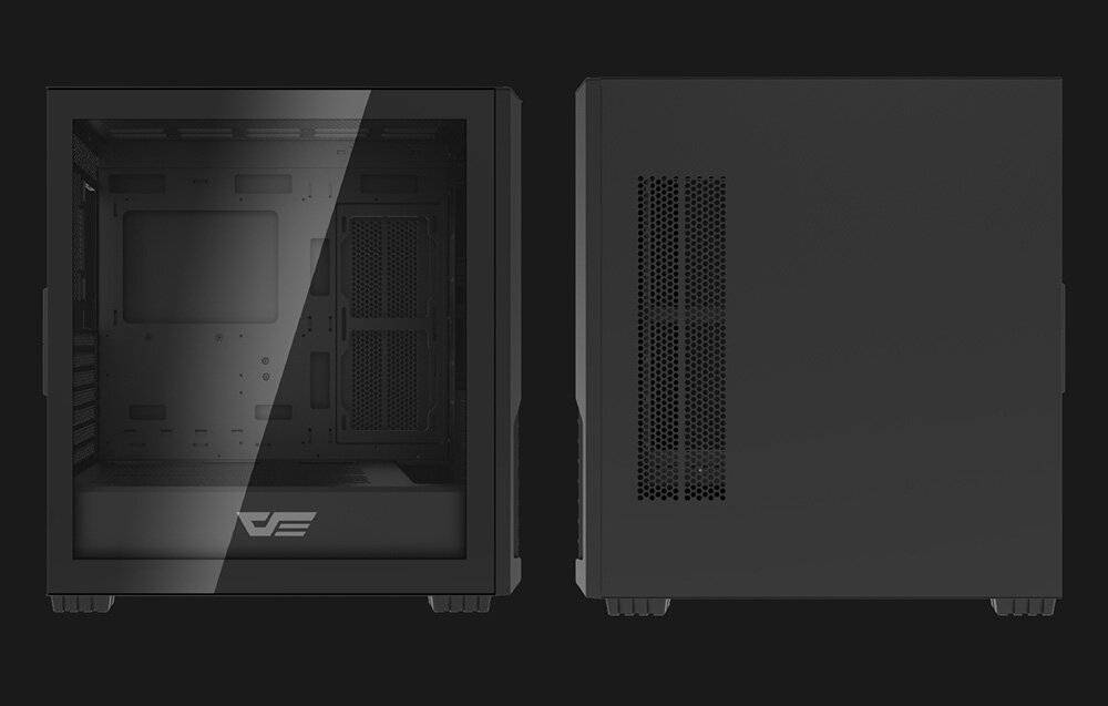 Nebeneinander angeordnete Ansichten eines Computergehäuses, die das Frontpanel mit einem Glasfenster auf der linken Seite und das solide, belüftete Seitenpanel auf der rechten Seite zeigen.