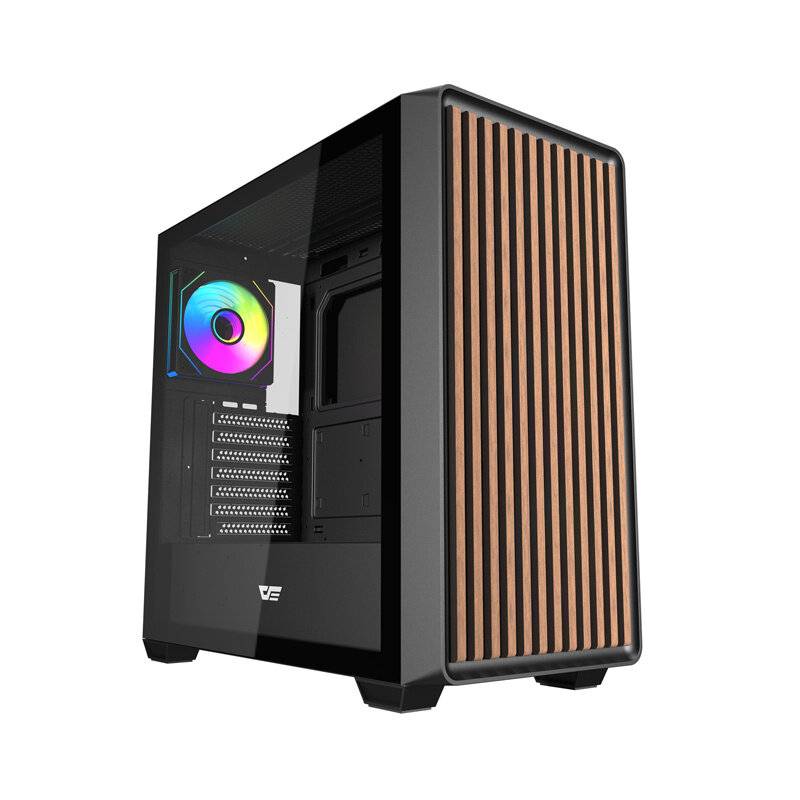 Ein schlanker, moderner Desktop-Computer-Tower mit einer Holzfrontplatte und sichtbarem Seitenfenster, das interne Komponenten und RGB-Beleuchtung zeigt.