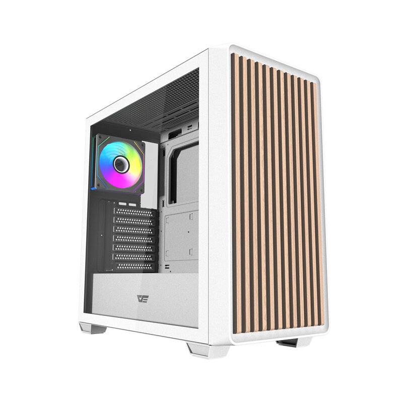 Ein weißes Computergehäuse mit hölzernen Frontleisten und einem sichtbaren Lüfter mit mehrfarbiger LED-Beleuchtung, in Perspektivdarstellung gezeigt.