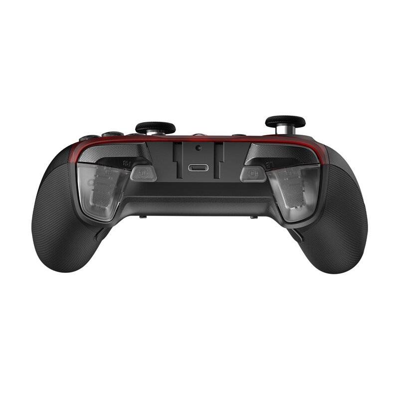 Ein schwarzer und grauer Gaming-Controller, von hinten betrachtet, zeigt sein ergonomisches Design und die Tastenlayout.