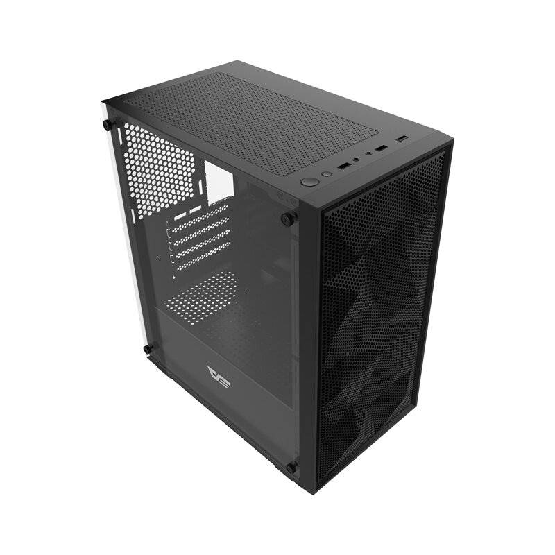 Ein schwarzes PC-Gehäuse mit Mesh-Frontplatte, transparentem Seitenteil und Bedienungsschaltflächen oben. Es verfügt über mehrere Erweiterungssteckplätze und Kühlerlüfter-Befestigungen.