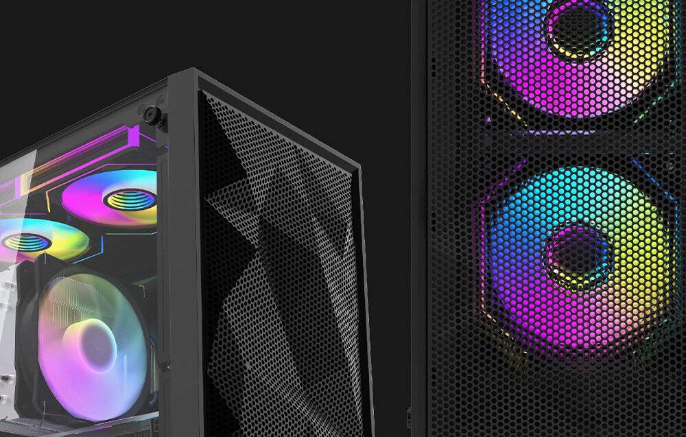 Ein Computergehäuse mit zwei RGB-Lüftern und einer Mesh-Frontplatte. Die Lüfter zeigen ein Farbspektrum an und erzeugen einen visuellen Effekt.
