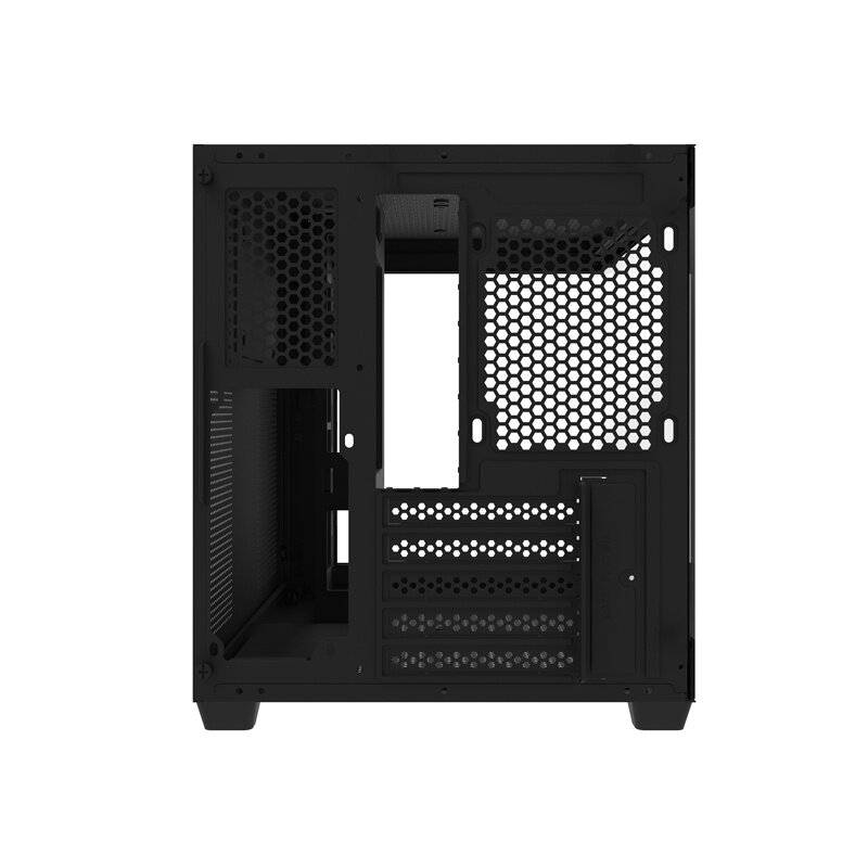 Ein schwarzes Computergehäuse mit einem Netzgitterfeld, offen, um innere Fächer und Steckplätze für Komponenten zu zeigen, von hinten betrachtet.