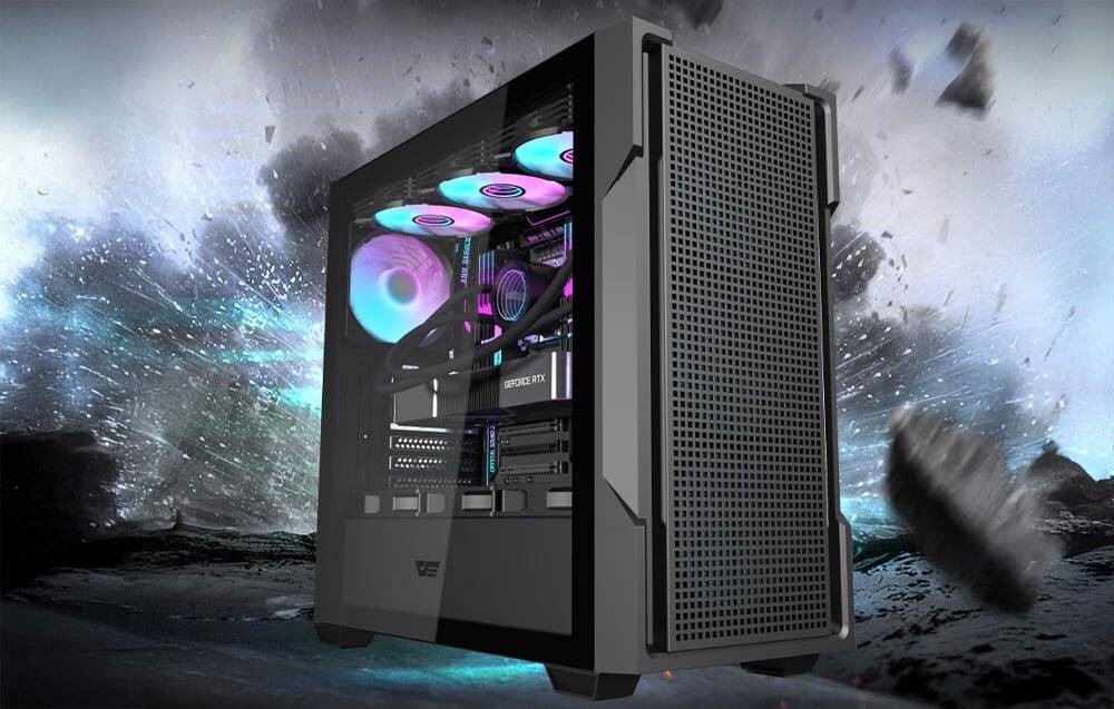 Ein eleganter Gaming-PC mit leuchtenden RGB-Lüftern wird vor einem dynamischen, stürmischen Hintergrund präsentiert, der sein modernes Design und seine Leistung hervorhebt.
