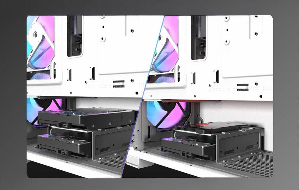 Ein Computergehäuse mit offenen Panels zeigt einen internen Überblick und offenbart Festplattenschächte und RGB-beleuchtete Kühlventilatoren, die hinten installiert sind.