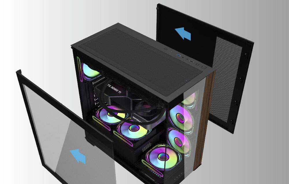 Ein transparantes Computergehäuse, das interne Komponenten zeigt, darunter RGB-beleuchtete Lüfter, ein Motherboard und eine sichtbare Grafikkarte mit der Bezeichnung „RTX 4090 Ti