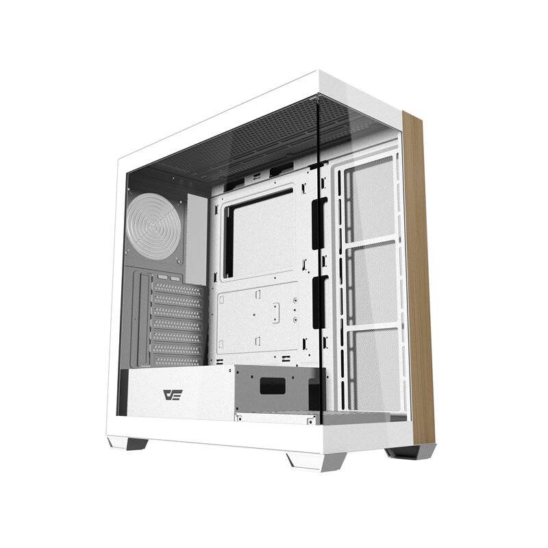 Ein weiß-schwarzes Computergehäuse mit transparenter Seitenwand, die den Innenraum für Komponenten und einen Lüfter auf der Rückseite zeigt.