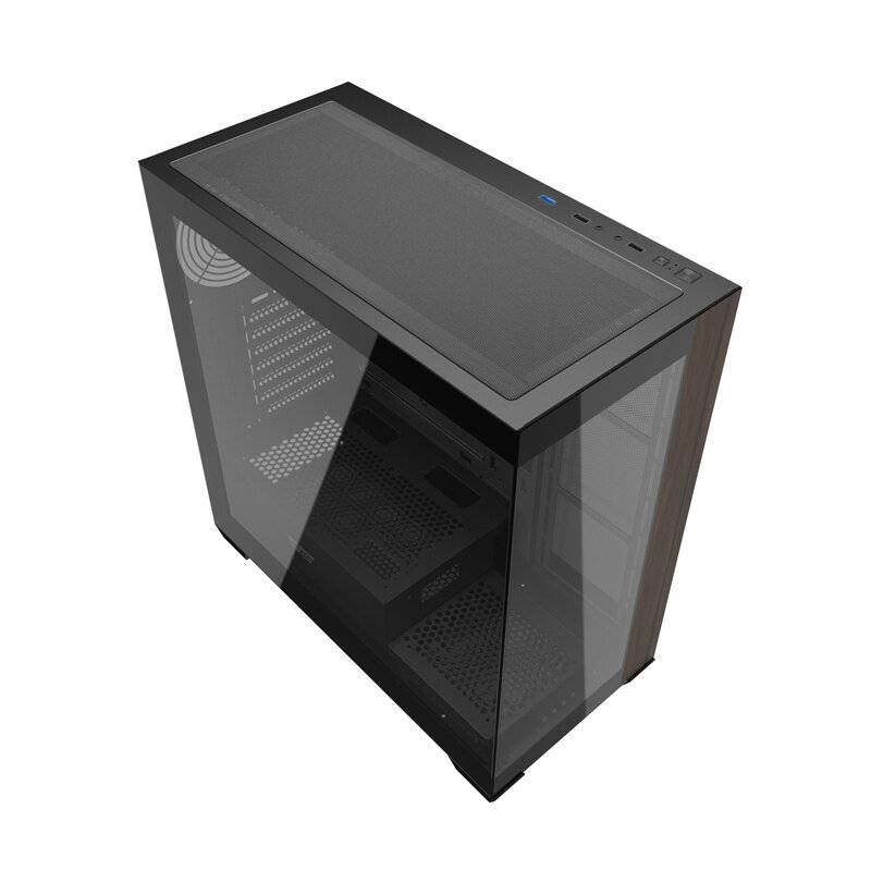 Ein schwarzes Computer-Gehäuse mit durchsichtigem Seitenpanel, das mehrere Kühlerlüfter-Steckplätze und ein Mesh-Oberpanel zur Belüftung zeigt.