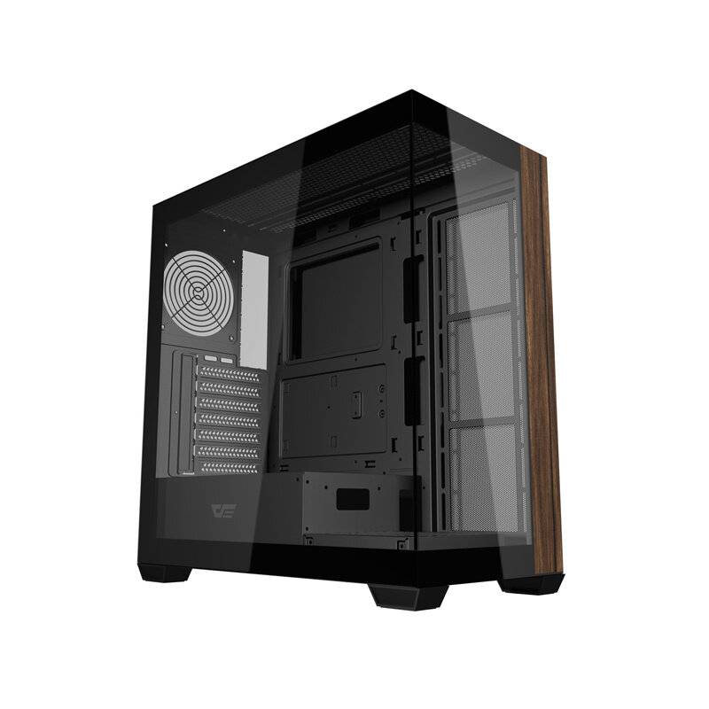 Ein schwarzes Computergehäuse mit einem transparenten Seitenpanel, das die innere Struktur zeigt, einschließlich Montagebereiche und eines hinteren Abluftlüfters.