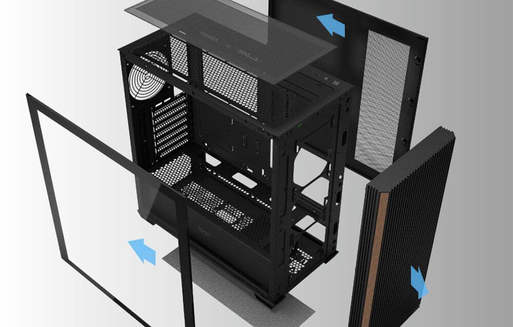 Gehäuseaufbau-Diagramm mit Explosionsdarstellung der Komponenten. Pfeile zeigen die Luftstromwege durch offene Bereiche und Netzpaneele an.