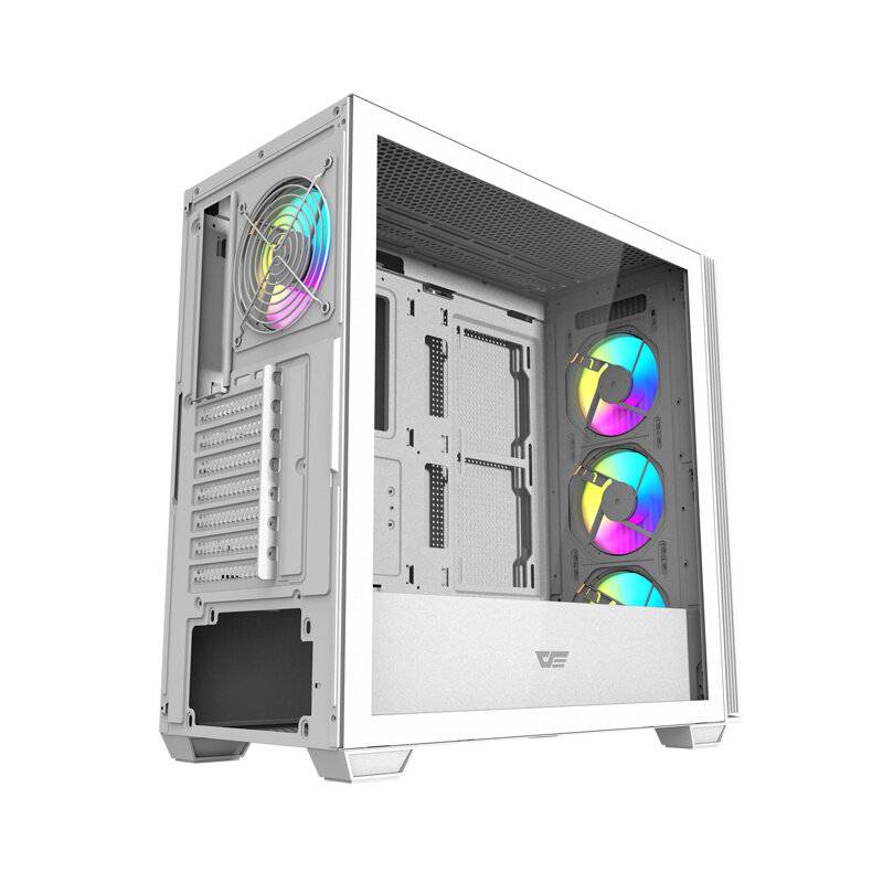 Ein weißes Computergehäuse mit transparentem Seitenpaneel und vier RGB-Lüftern.