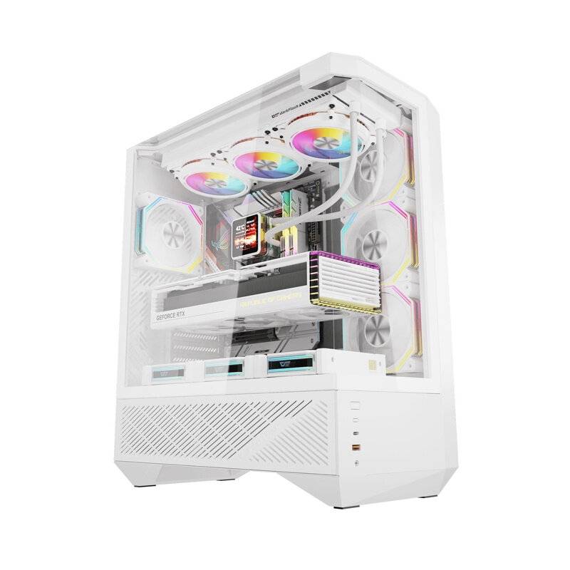 Ein weißer Gaming-PC mit regenbogenfarbigen LED-Lüftern und Komponenten, die ein transparentes Seitenpanel zur Sichtbarkeit des Inneren zeigen.