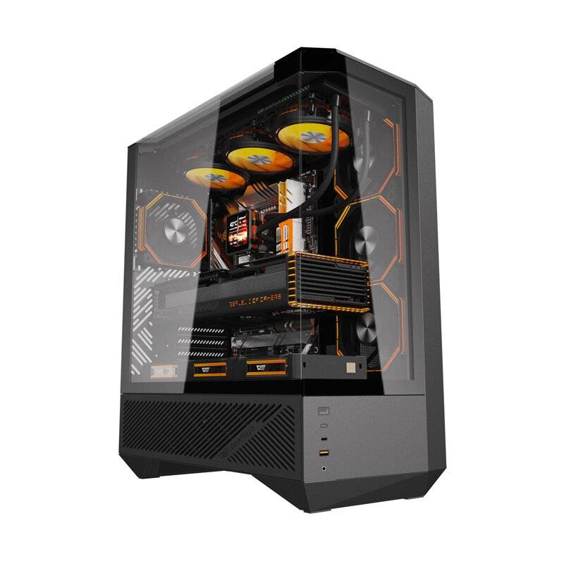 Ein Gaming-PC mit transparenter Seitenwand, die interne Komponenten zeigt, einschließlich Lüfter mit orangefarbenen Akzenten, einem CPU-Kühler und leuchtender Beleuchtung.
