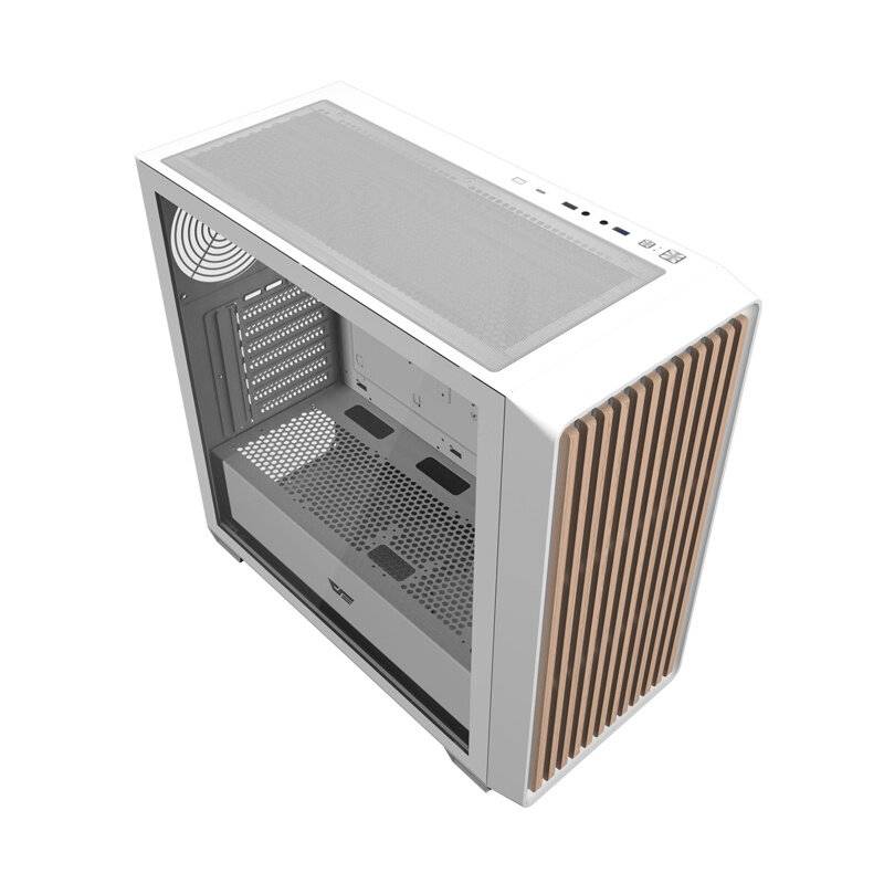Ein weißes Computergehäuse mit Holzpaneel-Akzenten, das mehrere Belüftungsbereiche und ein transparentes Seitenpanel aufweist.