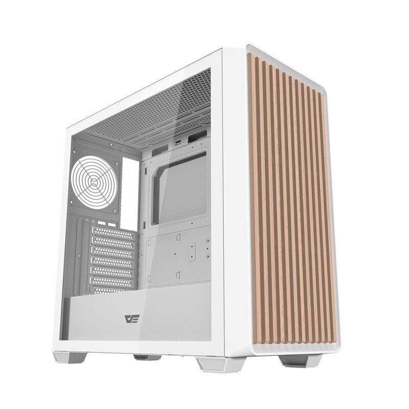 Ein weißes Computer-Tower-Gehäuse mit transparentem Seitenpanel und Holzakzenten an der Front, das leere interne Steckplätze und Kühlerlüfterplatz zeigt.