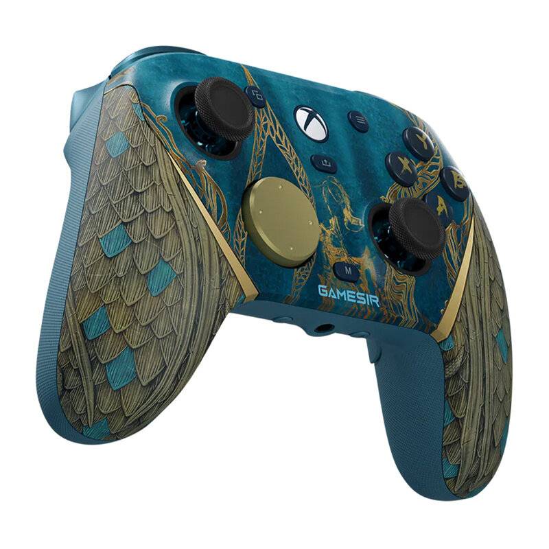 Ein blau-goldener Gaming-Controller mit aufwendigen Flügelmuster-Designs, ausgestattet mit mehreren Tasten und Analog-Sticks.